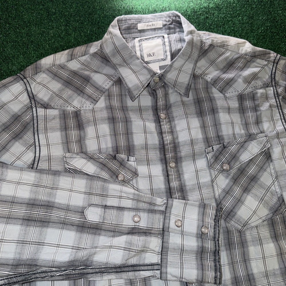 BKE Slim Fit Pearl Snap Button Down Shirt Men's Size XL Gray Black W/ Pockets J
